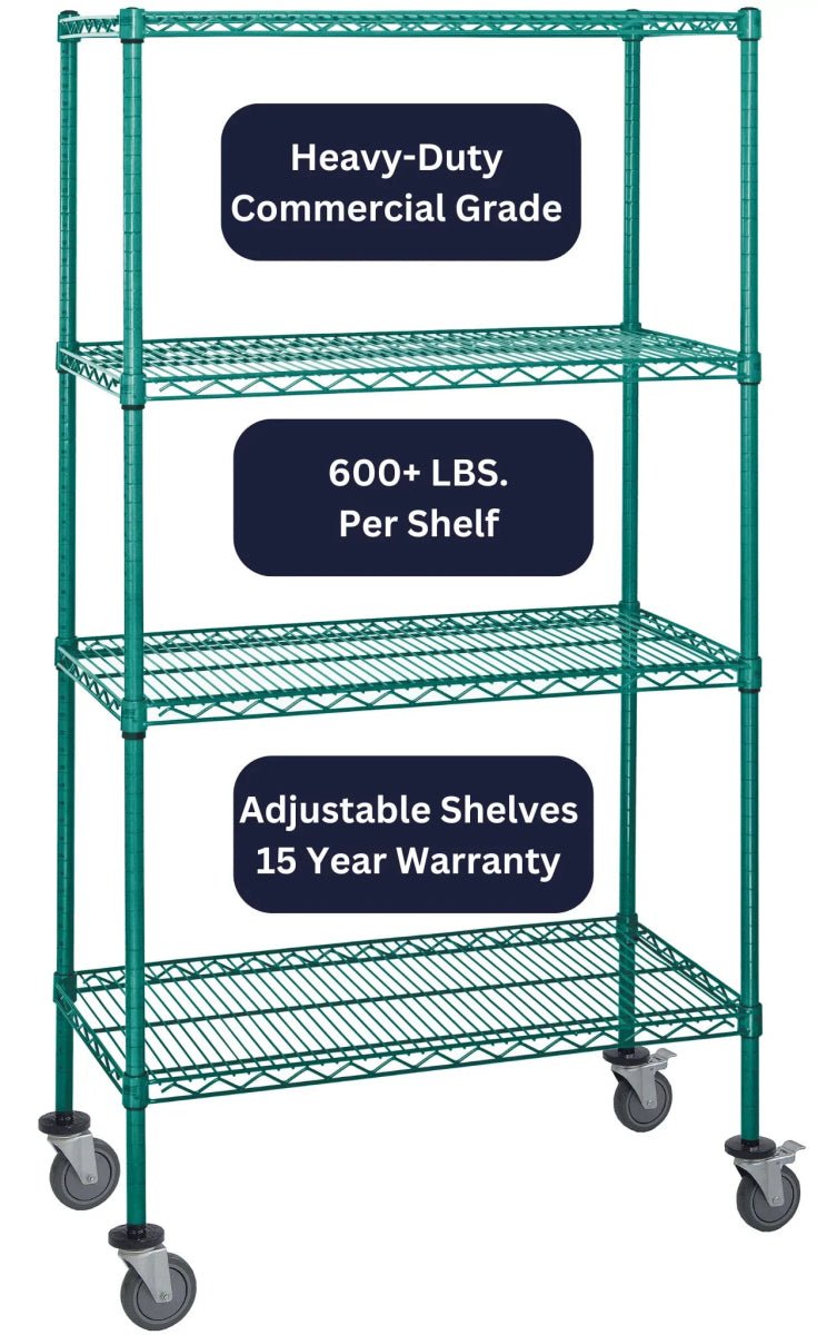 12" x 42" Green Shelving on Wheels - Mobile Wire Shelving > Green Wire Shelving on Wheels - Industrial 4 Less