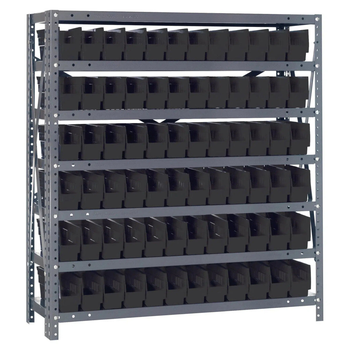 1239 - 100 | 12" x 36" x 39" Shelving Unit with 72 Bins - Steel Shelving with Bins > 12" Deep Steel Shelving Units with Bins > Open Front Plastic Shelf Bins - Industrial 4 Less