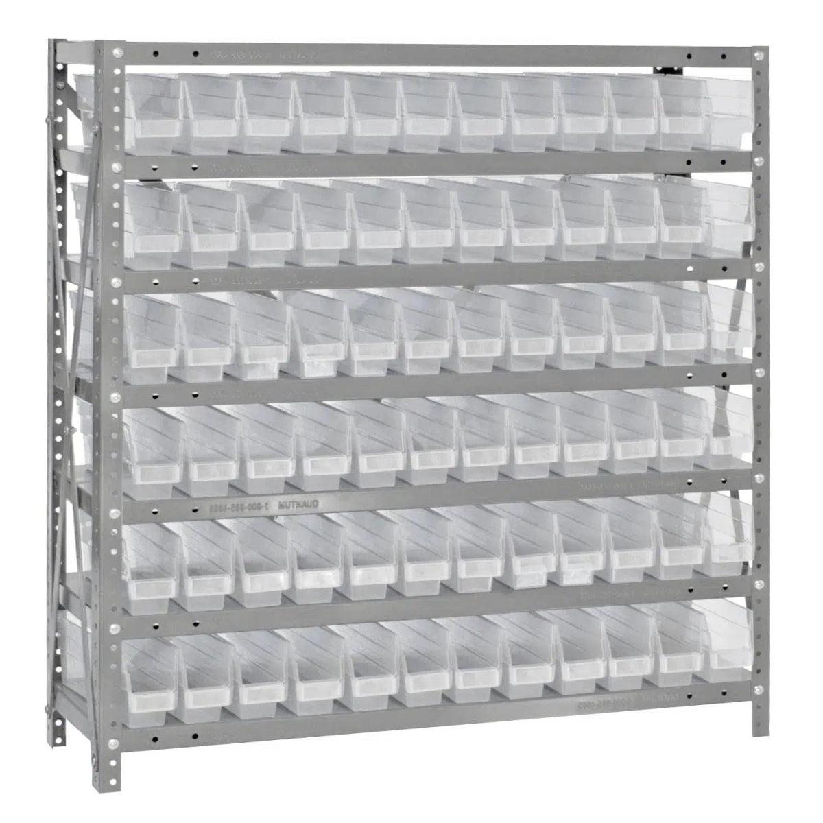 1239 - 100 | 12" x 36" x 39" Shelving Unit with 72 Bins - Steel Shelving with Bins > 12" Deep Steel Shelving Units with Bins > Open Front Plastic Shelf Bins - Industrial 4 Less