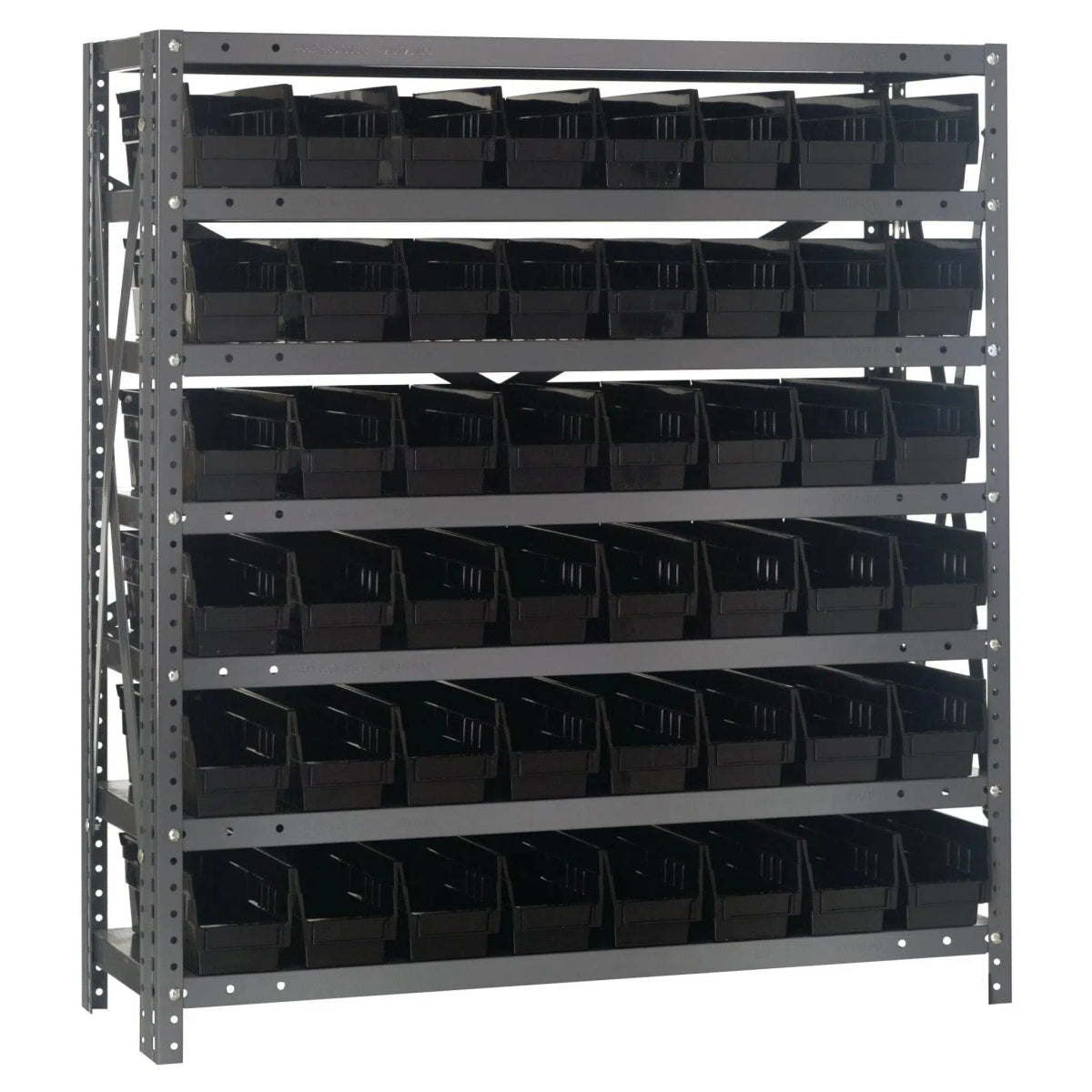 1239 - 101 | 12" x 36" x 39" Shelving Unit with 48 Bins - Steel Shelving with Bins > 12" Deep Steel Shelving Units with Bins > Open Front Plastic Shelf Bins - Industrial 4 Less