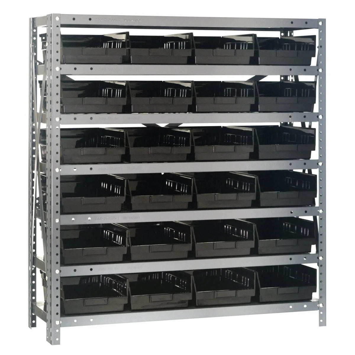 1239 - 107 | 12" x 36" x 39" Shelving Unit with 24 Bins - Steel Shelving with Bins > 12" Deep Steel Shelving Units with Bins > Open Front Plastic Shelf Bins - Industrial 4 Less