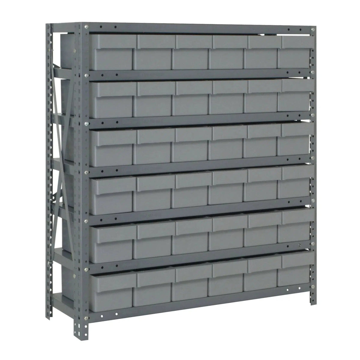 1239 - 601 | 12" x 36" x 39" Shelving Unit with 36 Bins - Steel Shelving with Bins > 12" Deep Steel Shelving Units with Bins > Open Front Plastic Shelf Bins - Industrial 4 Less