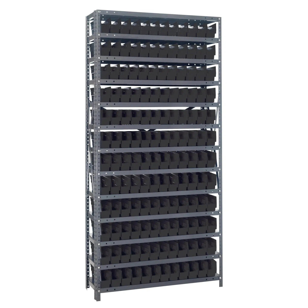 1275 - 100 | 12" x 36" x 75" Shelving Unit with 144 Bins - Steel Shelving with Bins > 12" Deep Steel Shelving Units with Bins > Open Front Plastic Shelf Bins - Industrial 4 Less