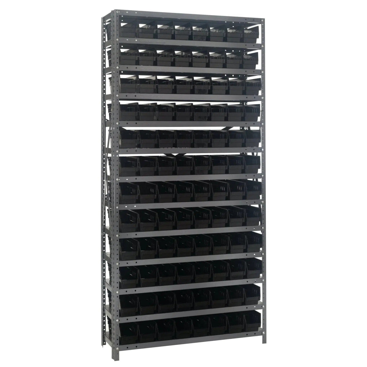 1275 - 101 | 12" x 36" x 75" Shelving Unit with 96 Bins - Steel Shelving with Bins > 12" Deep Steel Shelving Units with Bins > Open Front Plastic Shelf Bins - Industrial 4 Less