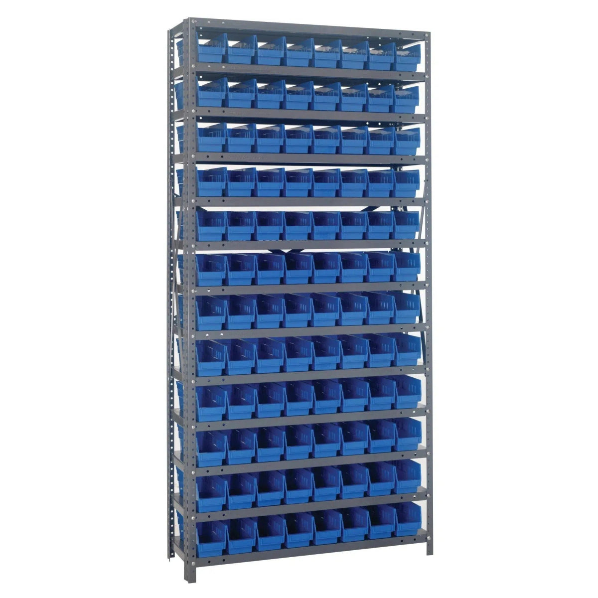 1275 - 101 | 12" x 36" x 75" Shelving Unit with 96 Bins - Steel Shelving with Bins > 12" Deep Steel Shelving Units with Bins > Open Front Plastic Shelf Bins - Industrial 4 Less