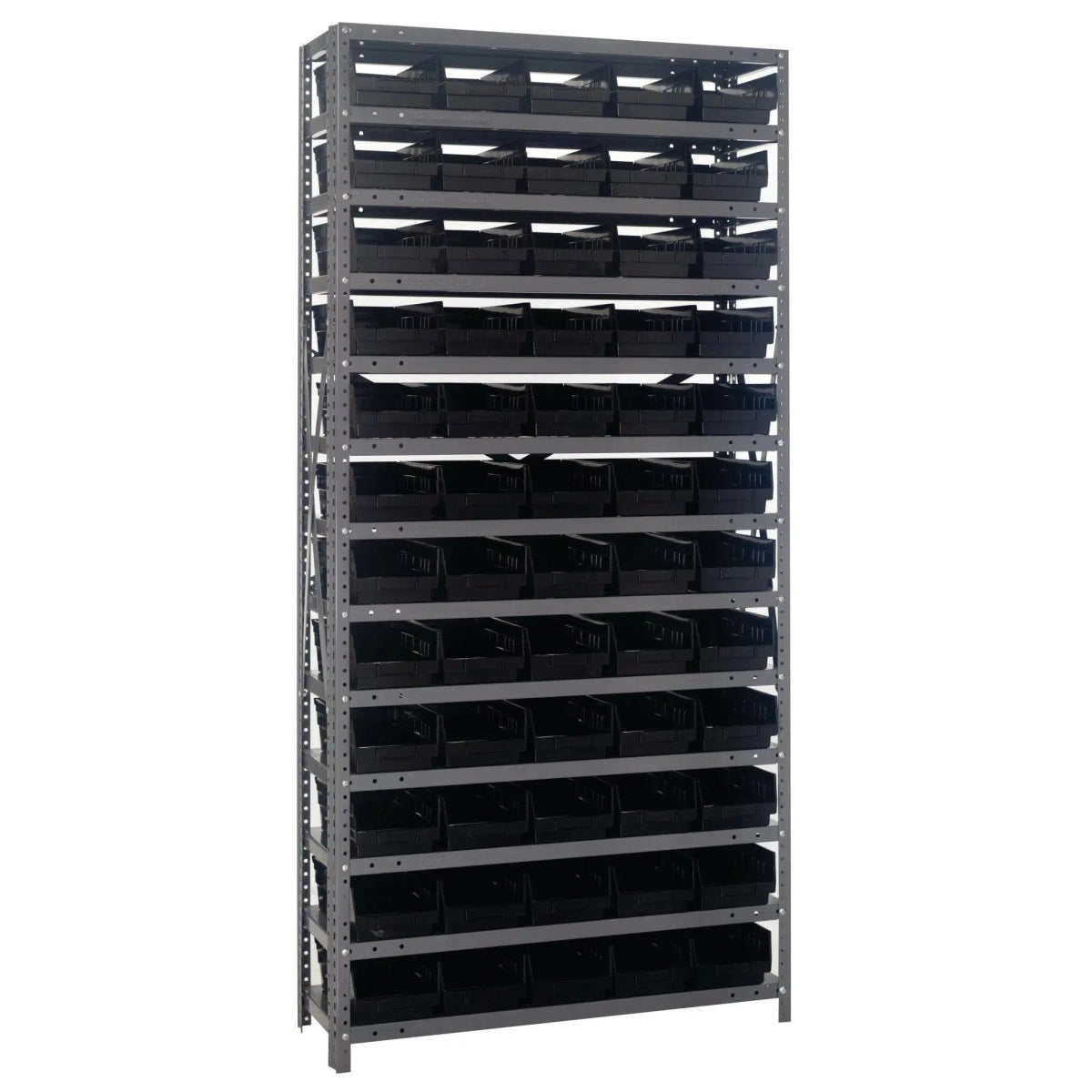 1275 - 102 | 12" x 36" x 75" Shelving Unit with 60 Bins - Steel Shelving with Bins > 12" Deep Steel Shelving Units with Bins > Open Front Plastic Shelf Bins - Industrial 4 Less