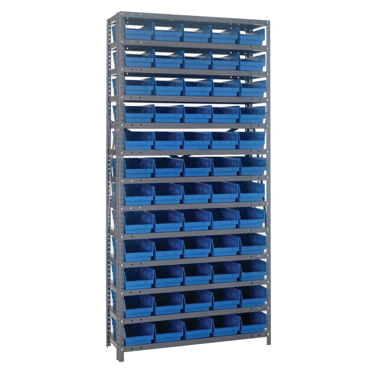 1275 - 102 | 12" x 36" x 75" Shelving Unit with 60 Bins - Steel Shelving with Bins > 12" Deep Steel Shelving Units with Bins > Open Front Plastic Shelf Bins - Industrial 4 Less