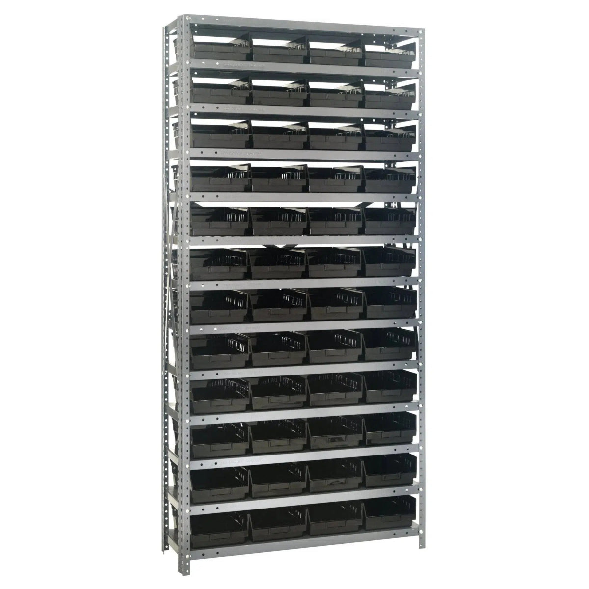 1275 - 107 | 12" x 36" x 75" Shelving Unit with 48 Bins - Steel Shelving with Bins > 12" Deep Steel Shelving Units with Bins > Open Front Plastic Shelf Bins - Industrial 4 Less
