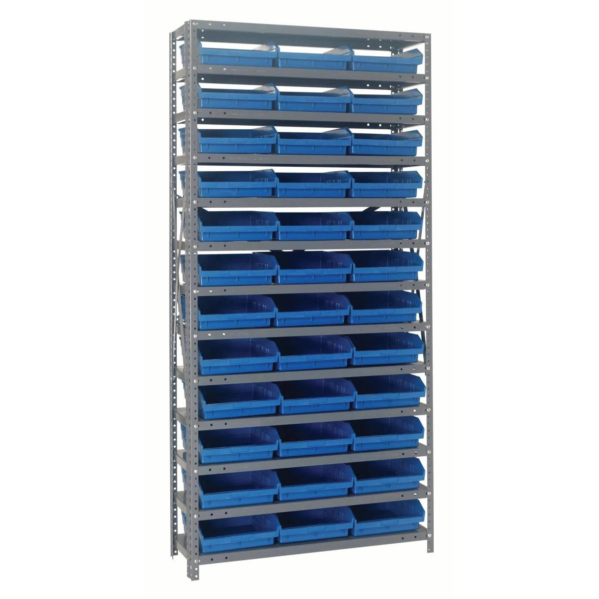 1275 - 109 | 12" x 36" x 75" Shelving Unit with 36 Bins - Steel Shelving with Bins > 12" Deep Steel Shelving Units with Bins > Open Front Plastic Shelf Bins - Industrial 4 Less