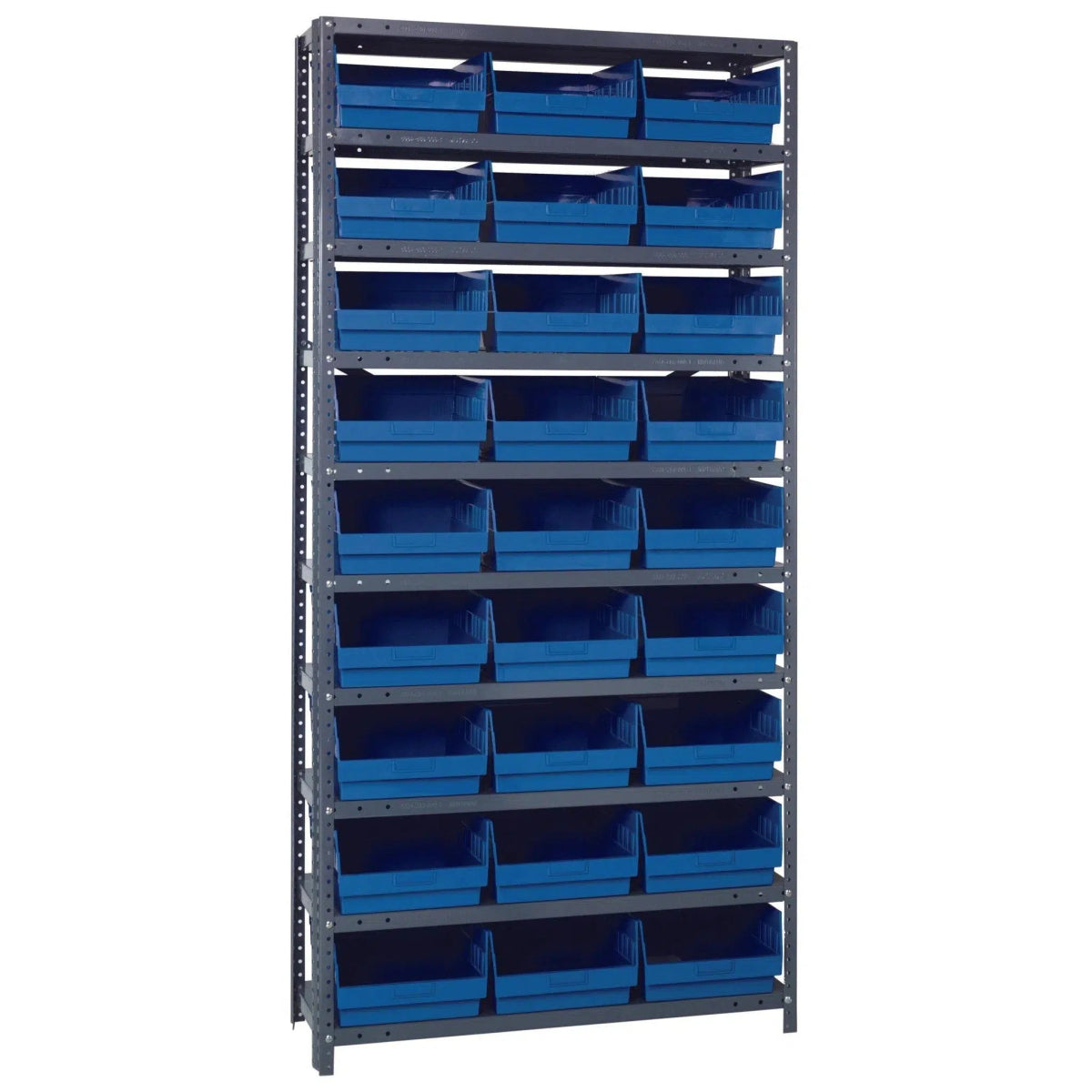 1275 - 209 | 12" x 36" x 75" Shelving Unit with 27 Bins - Steel Shelving with Bins > 12" Deep Steel Shelving Units with Bins > Open Front Plastic Shelf Bins - Industrial 4 Less