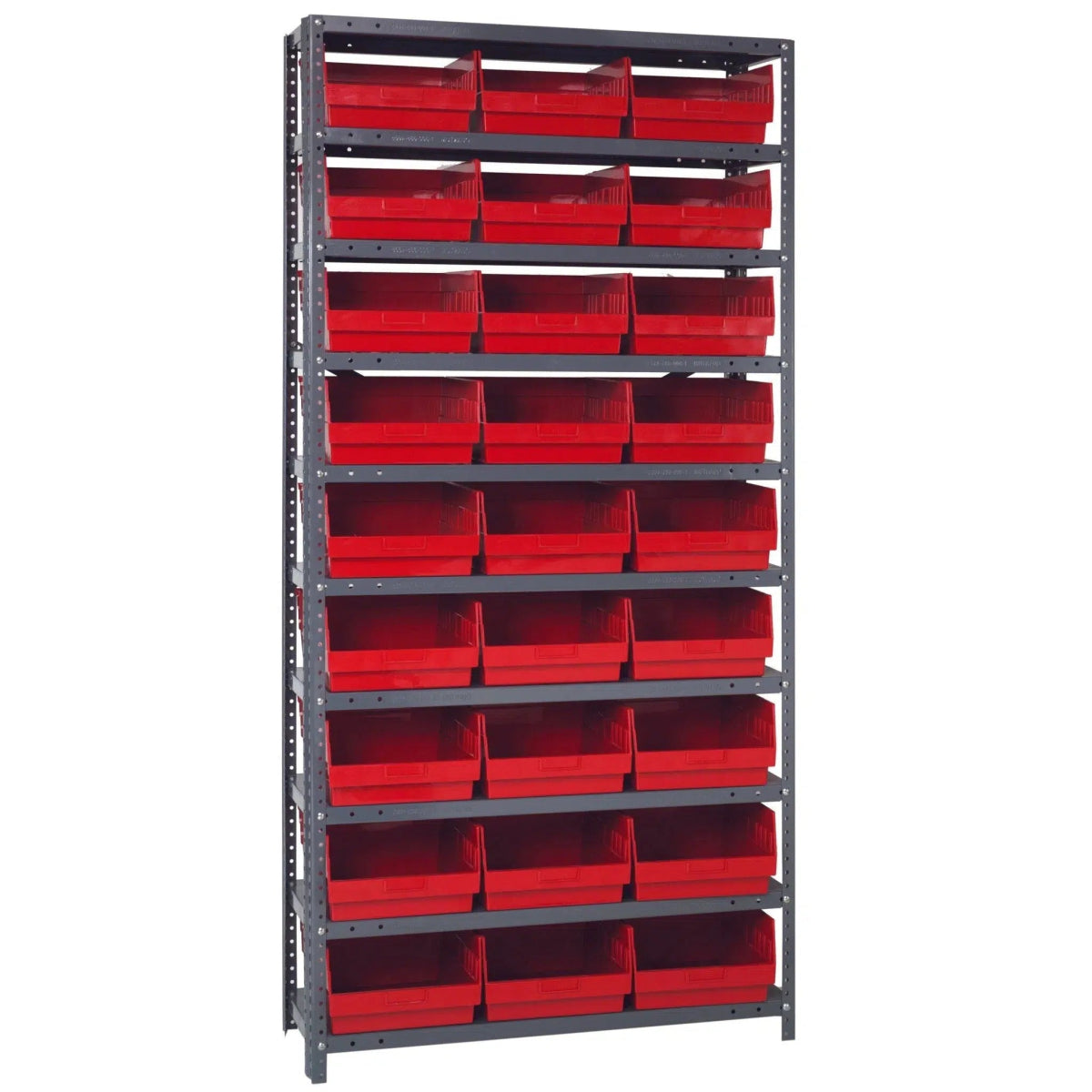 1275 - 209 | 12" x 36" x 75" Shelving Unit with 27 Bins - Steel Shelving with Bins > 12" Deep Steel Shelving Units with Bins > Open Front Plastic Shelf Bins - Industrial 4 Less