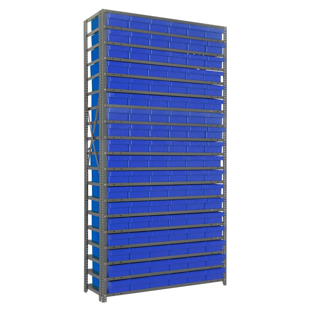 1275 - 401 | 12" x 36" x 75" Shelving Unit with 108 Bins - Steel Shelving with Bins > 12" Deep Steel Shelving Units with Bins > Open Front Plastic Shelf Bins - Industrial 4 Less