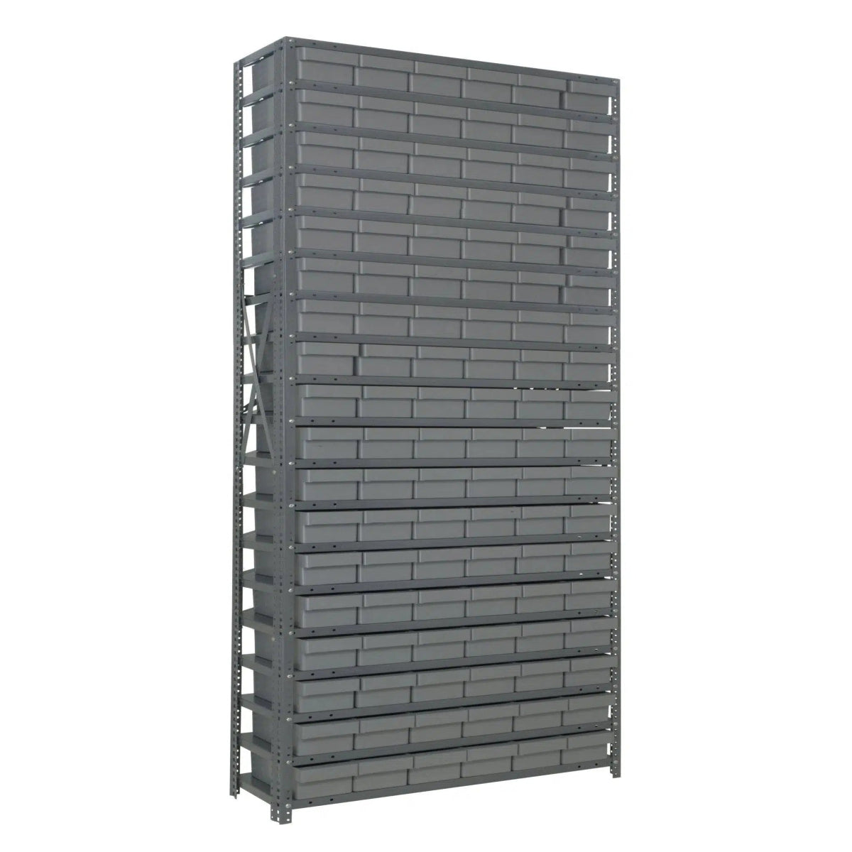 1275 - 401 | 12" x 36" x 75" Shelving Unit with 108 Bins - Steel Shelving with Bins > 12" Deep Steel Shelving Units with Bins > Open Front Plastic Shelf Bins - Industrial 4 Less