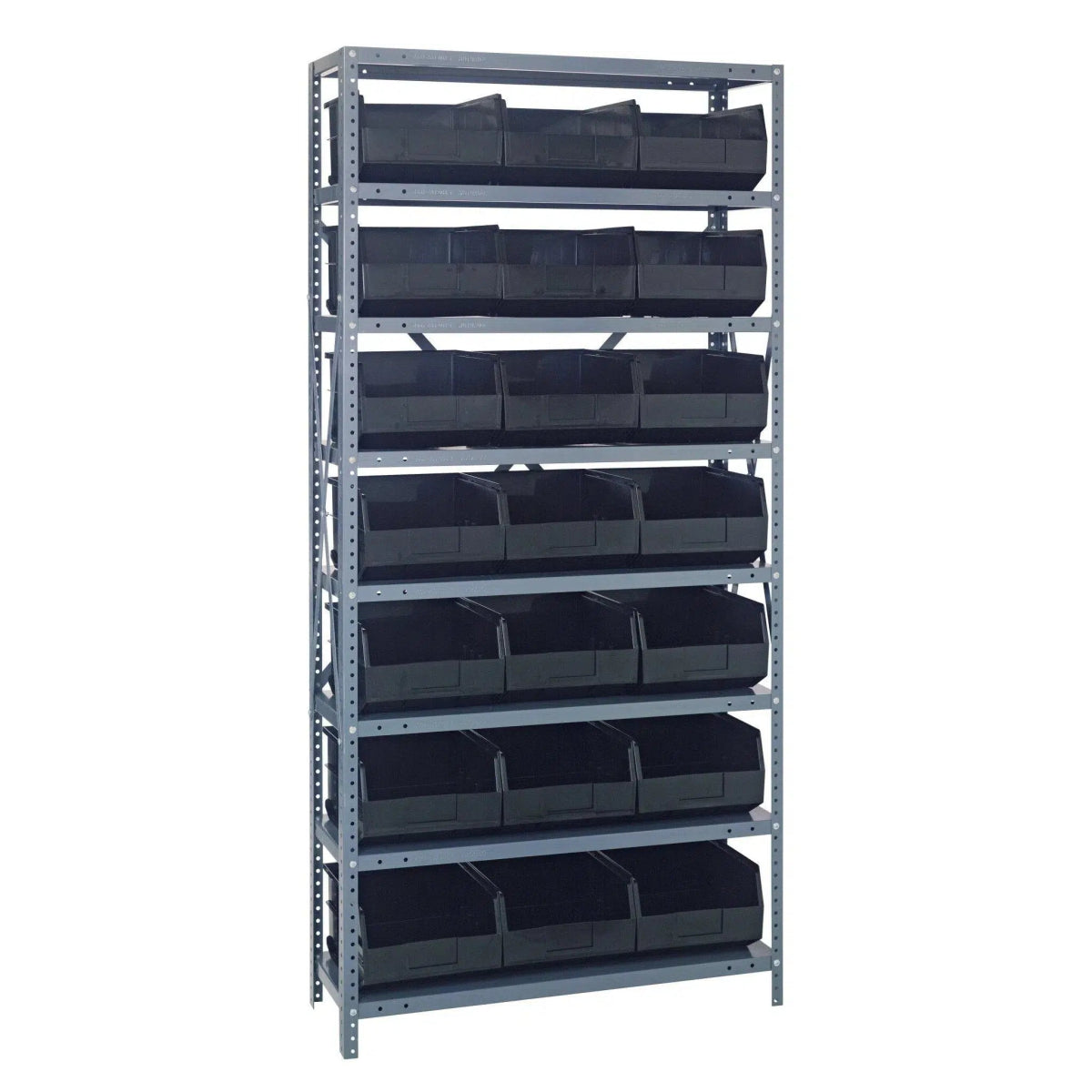 1275 - 445 | 12" x 36" x 75" Shelving Unit with 21 Bins - Steel Shelving with Bins > 12" Deep Steel Shelving Units with Bins > Open Front Plastic Shelf Bins - Industrial 4 Less