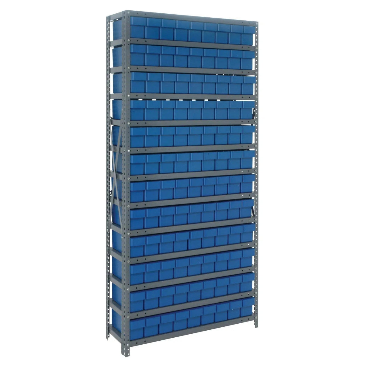 1275 - 501 | 12" x 36" x 75" Shelving Unit with 108 Bins - Steel Shelving with Bins > 12" Deep Steel Shelving Units with Bins > Open Front Plastic Shelf Bins - Industrial 4 Less