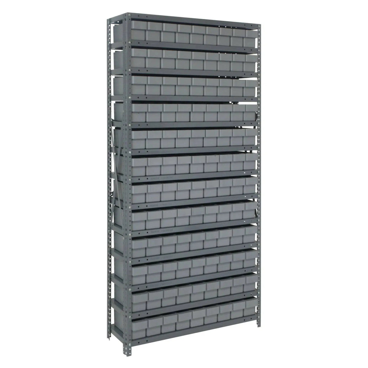 1275 - 501 | 12" x 36" x 75" Shelving Unit with 108 Bins - Steel Shelving with Bins > 12" Deep Steel Shelving Units with Bins > Open Front Plastic Shelf Bins - Industrial 4 Less