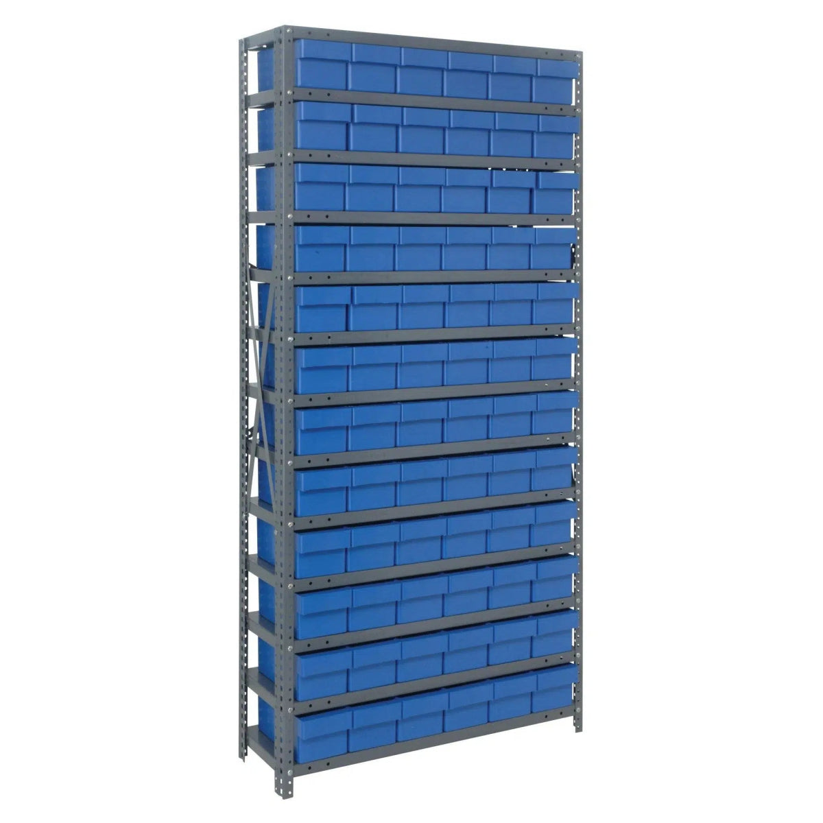 1275 - 601 | 12" x 36" x 75" Shelving Unit with 72 Bins - Steel Shelving with Bins > 12" Deep Steel Shelving Units with Bins > Open Front Plastic Shelf Bins - Industrial 4 Less