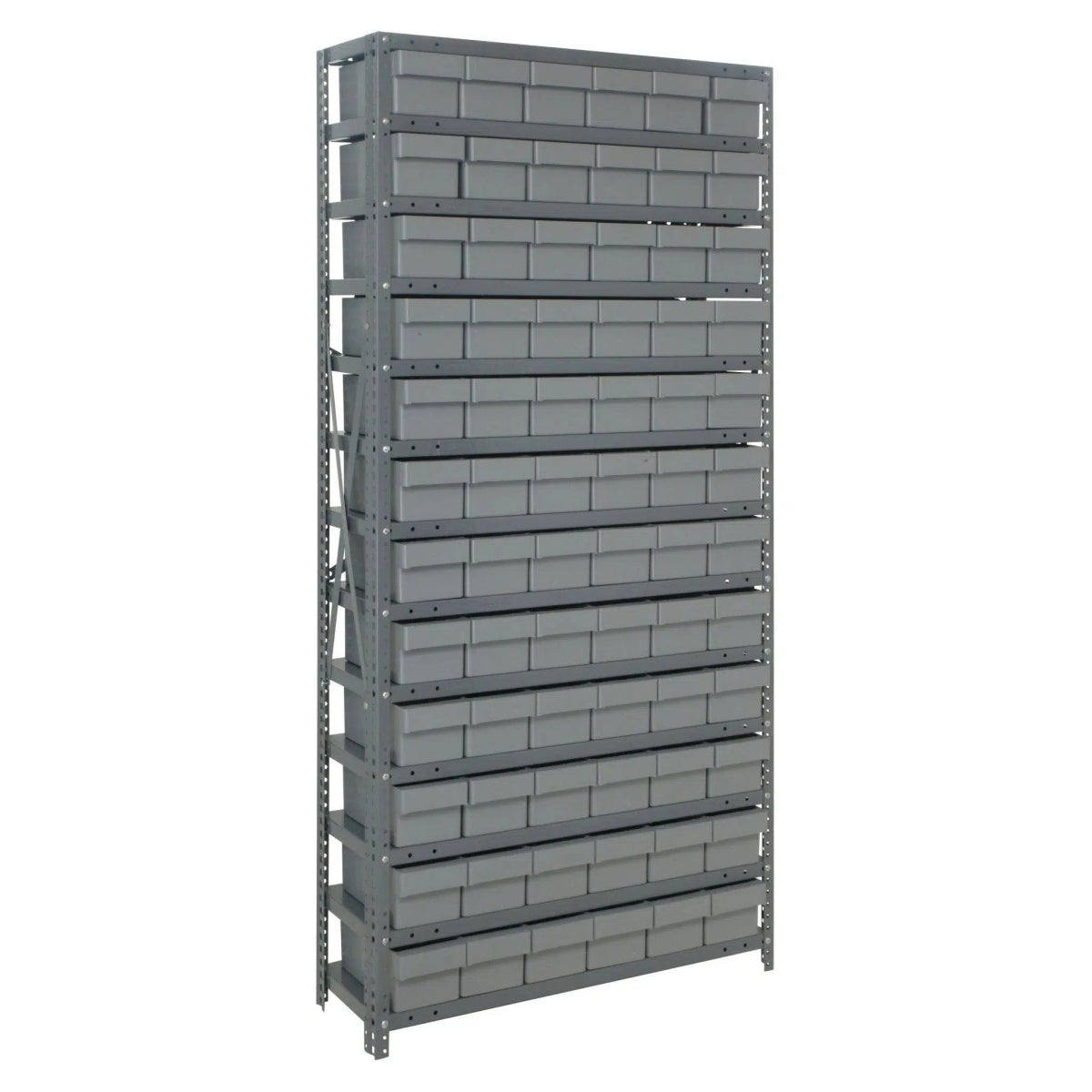 1275 - 601 | 12" x 36" x 75" Shelving Unit with 72 Bins - Steel Shelving with Bins > 12" Deep Steel Shelving Units with Bins > Open Front Plastic Shelf Bins - Industrial 4 Less
