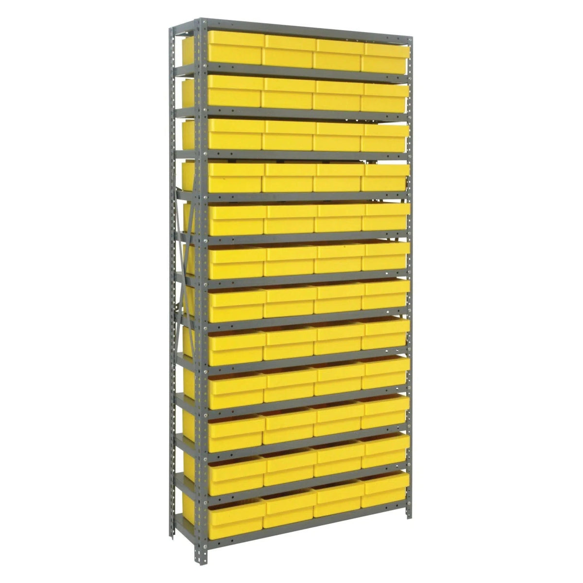 1275 - 701 | 12" x 36" x 75" Shelving Unit with 48 Bins - Steel Shelving with Bins > 12" Deep Steel Shelving Units with Bins > Open Front Plastic Shelf Bins - Industrial 4 Less