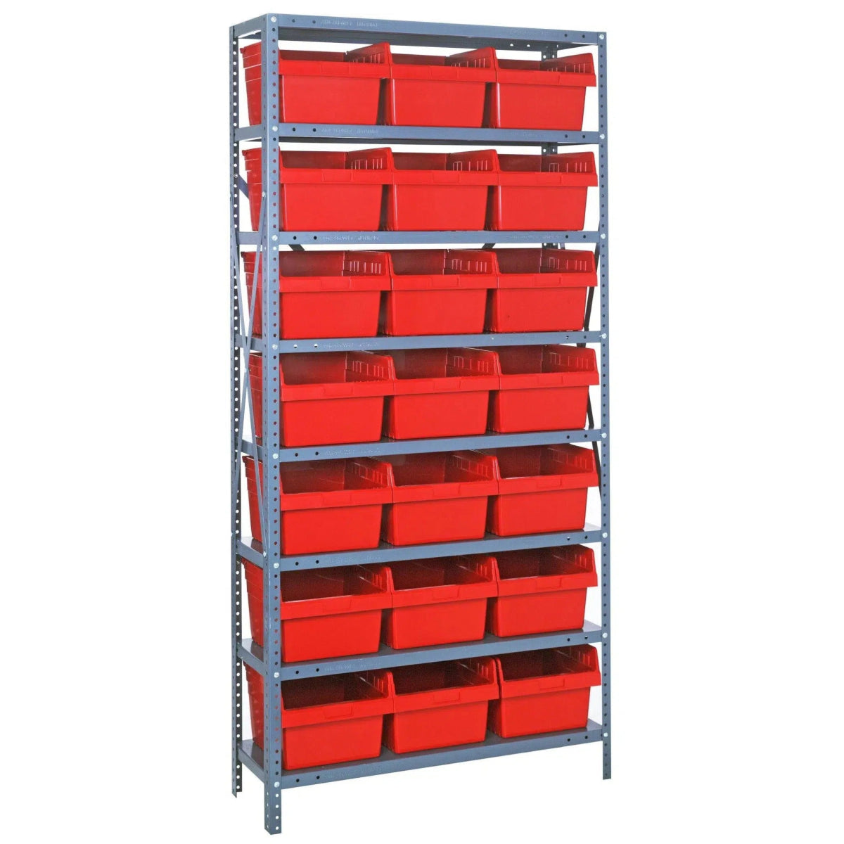 1275 - SB809 | 12" x 36" x 75" Shelving Unit with 21 Bins - Steel Shelving with Bins > 12" Deep Steel Shelving Units with Bins > Open Front Plastic Shelf Bins - Industrial 4 Less