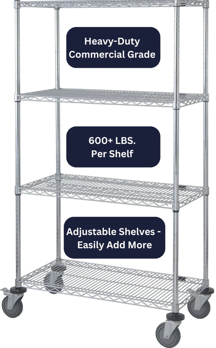 5-tier wire store shelf with casters, chrome