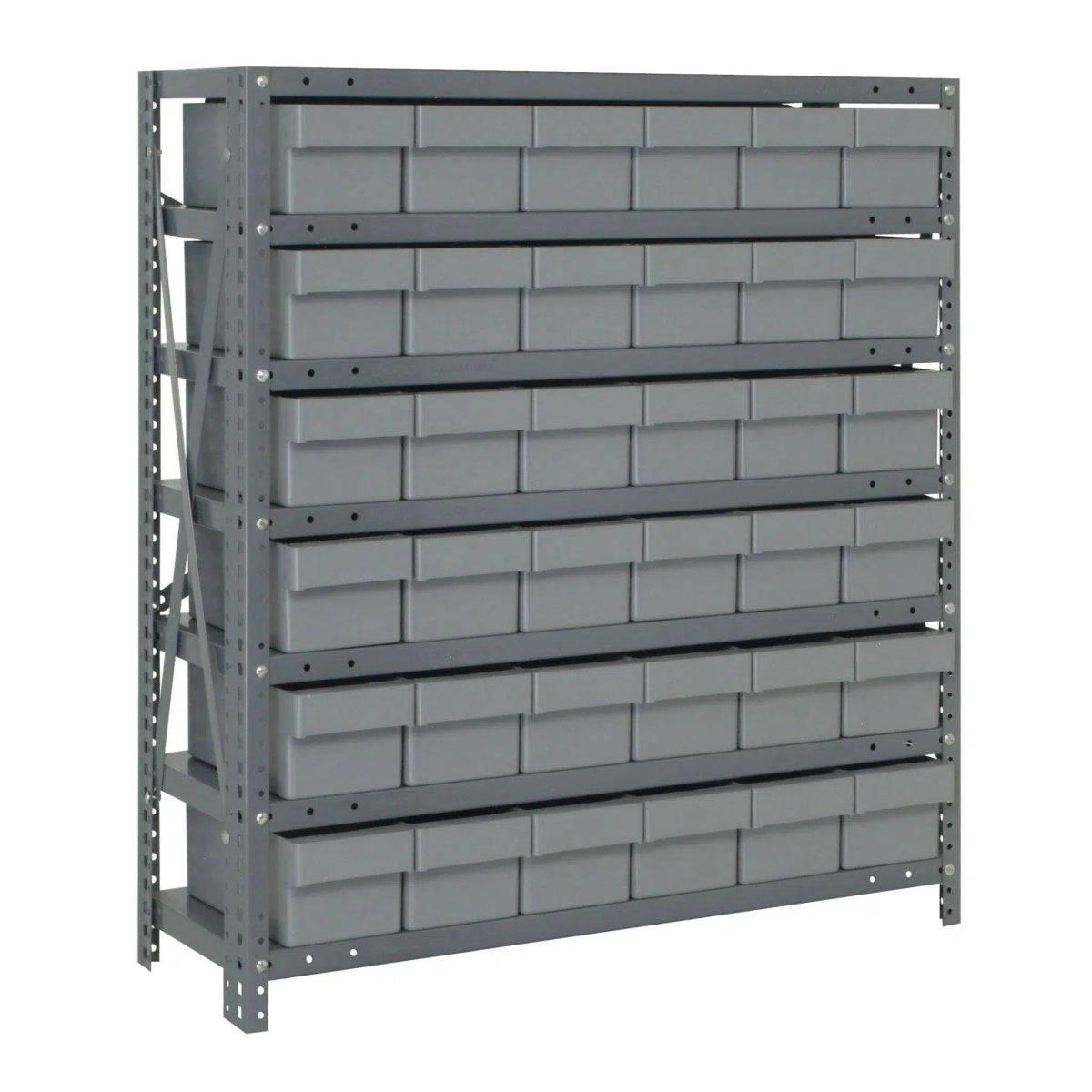 1839 - 602 | 18" x 36" x 39" Shelving Unit with 36 Bins - Steel Shelving with Bins > 18" Deep Steel Shelving Units with Bins > Open Front Plastic Shelf Bins - Industrial 4 Less