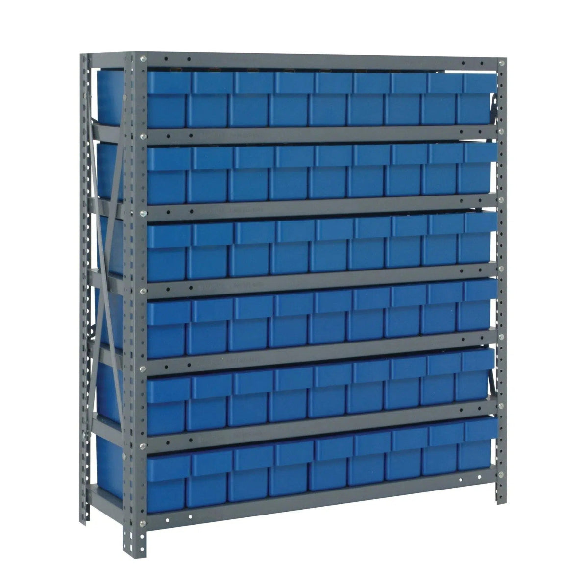 1839 - 604 | 18" x 36" x 39" Shelving Unit with 54 Bins - Steel Shelving with Bins > 18" Deep Steel Shelving Units with Bins > Open Front Plastic Shelf Bins - Industrial 4 Less