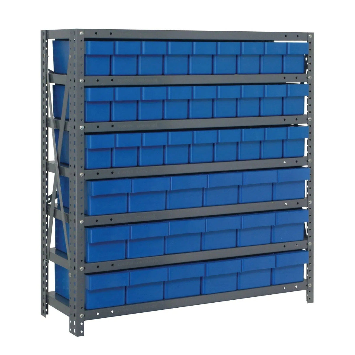 1839 - 624 | 18" x 36" x 39" Shelving Unit with 45 Bins - Steel Shelving with Bins > 18" Deep Steel Shelving Units with Bins > Open Front Plastic Shelf Bins - Industrial 4 Less