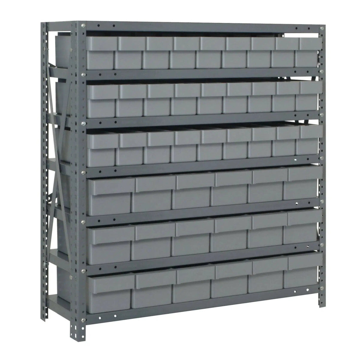 1839 - 624 | 18" x 36" x 39" Shelving Unit with 45 Bins - Steel Shelving with Bins > 18" Deep Steel Shelving Units with Bins > Open Front Plastic Shelf Bins - Industrial 4 Less