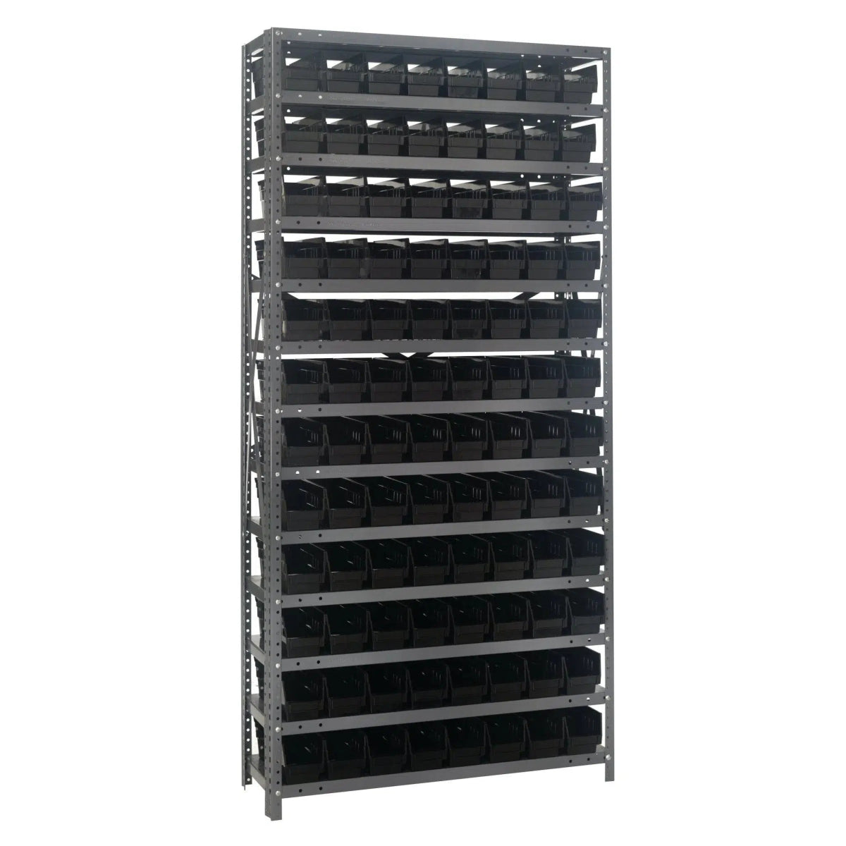 1875 - 103 | 18" x 36" x 75" Shelving Unit with 96 Bins - Steel Shelving with Bins > 18" Deep Steel Shelving Units with Bins > Open Front Plastic Shelf Bins - Industrial 4 Less