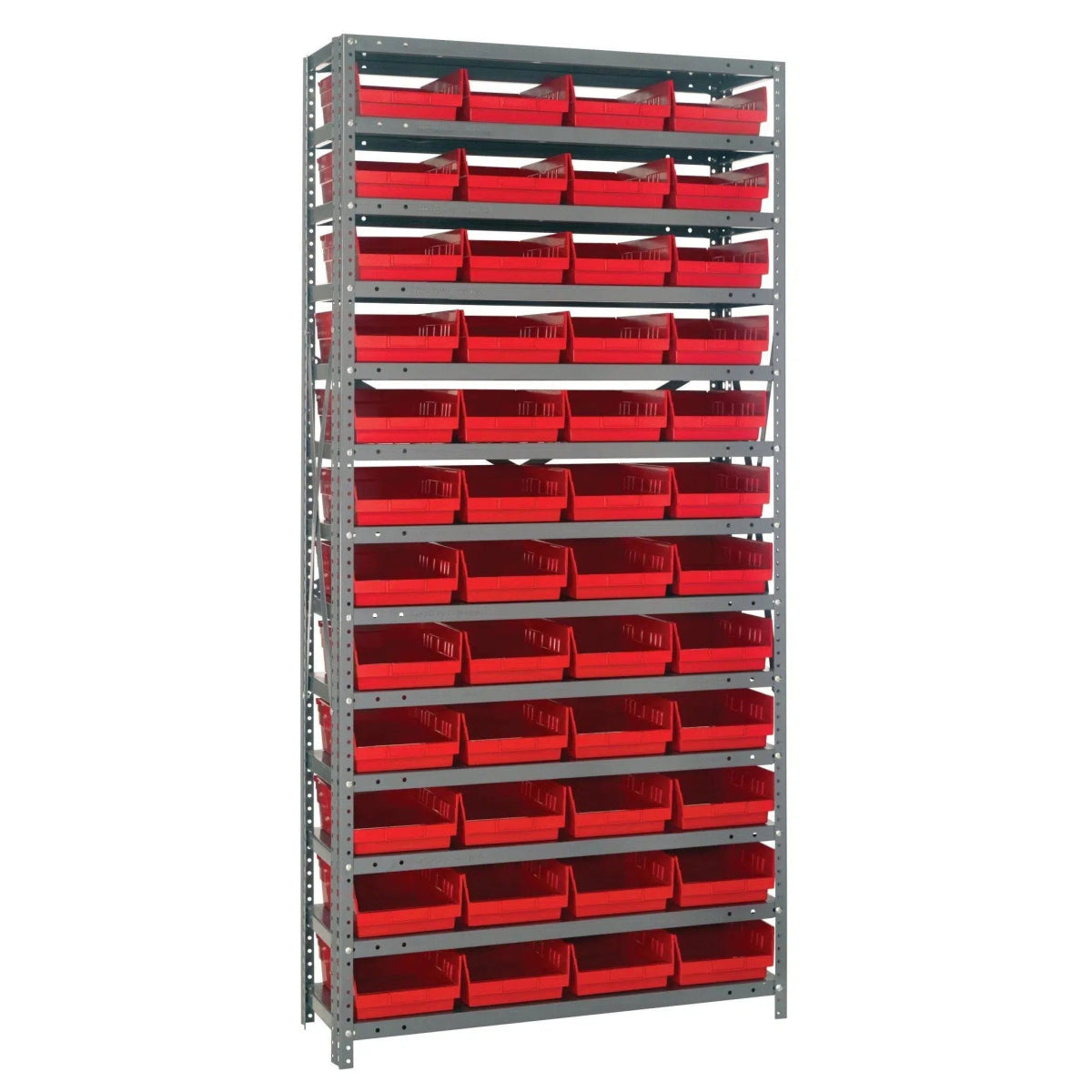 1875 - 108 | 18" x 36" x 75" Shelving Unit with 48 Bins - Steel Shelving with Bins > 18" Deep Steel Shelving Units with Bins > Open Front Plastic Shelf Bins - Industrial 4 Less