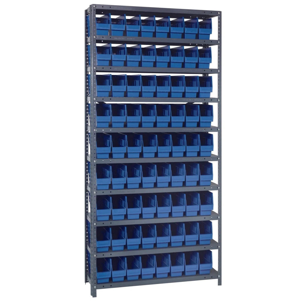 1875 - 203 | 18" x 36" x 75" Shelving Unit with 72 Bins - Steel Shelving with Bins > 18" Deep Steel Shelving Units with Bins > Open Front Plastic Shelf Bins - Industrial 4 Less