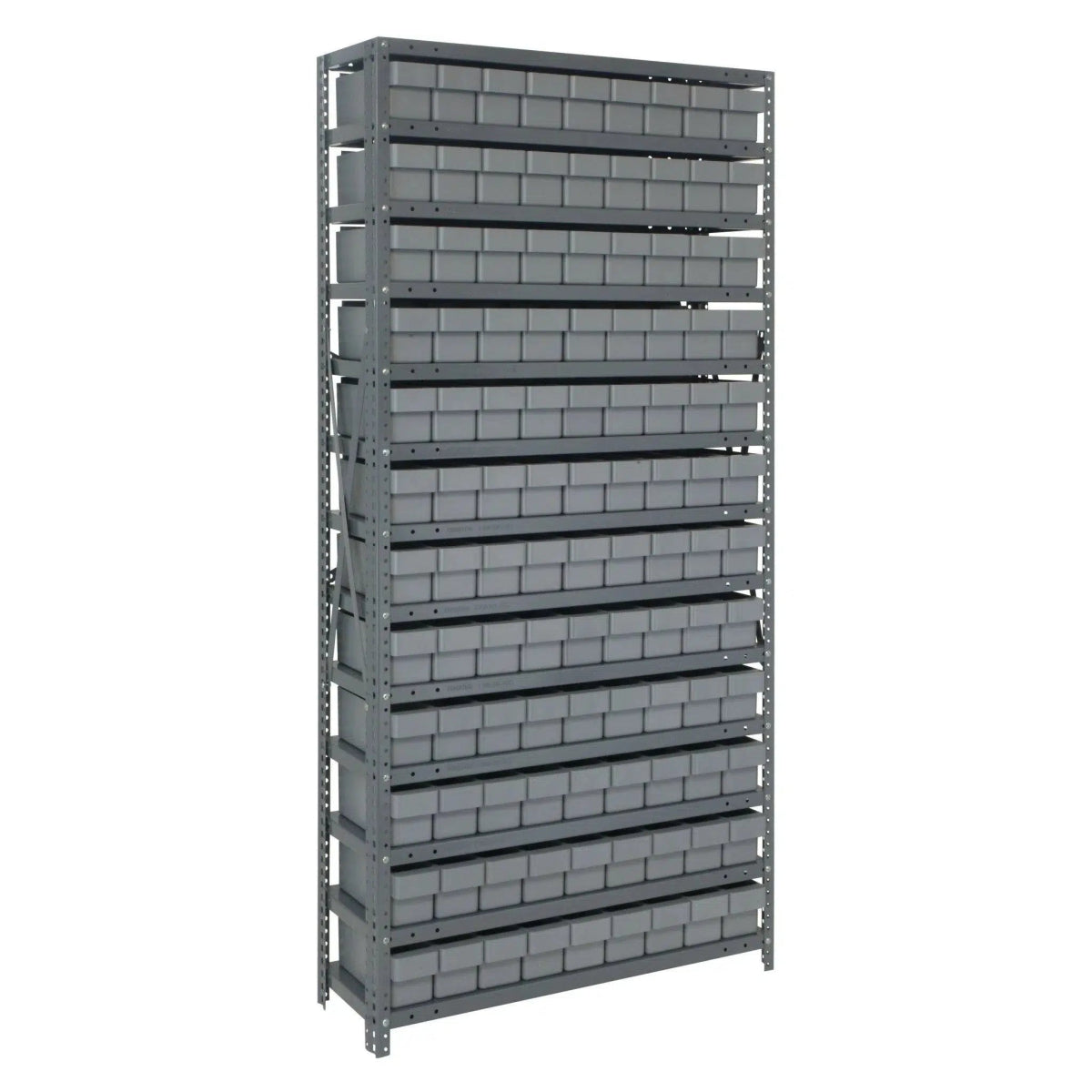 1875 - 604 | 18" x 36" x 75" Shelving Unit with 108 Bins - Steel Shelving with Bins > 18" Deep Steel Shelving Units with Bins > Open Front Plastic Shelf Bins - Industrial 4 Less