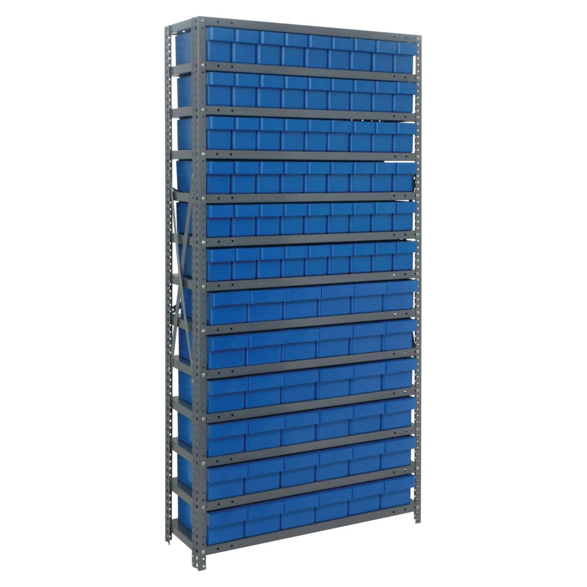 1875 - 624 | 18" x 36" x 75" Shelving Unit with 90 Bins - Steel Shelving with Bins > 18" Deep Steel Shelving Units with Bins > Open Front Plastic Shelf Bins - Industrial 4 Less