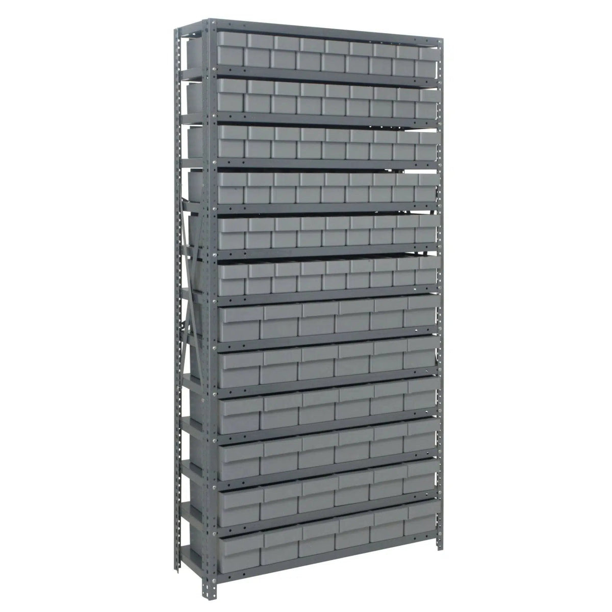 1875 - 624 | 18" x 36" x 75" Shelving Unit with 90 Bins - Steel Shelving with Bins > 18" Deep Steel Shelving Units with Bins > Open Front Plastic Shelf Bins - Industrial 4 Less