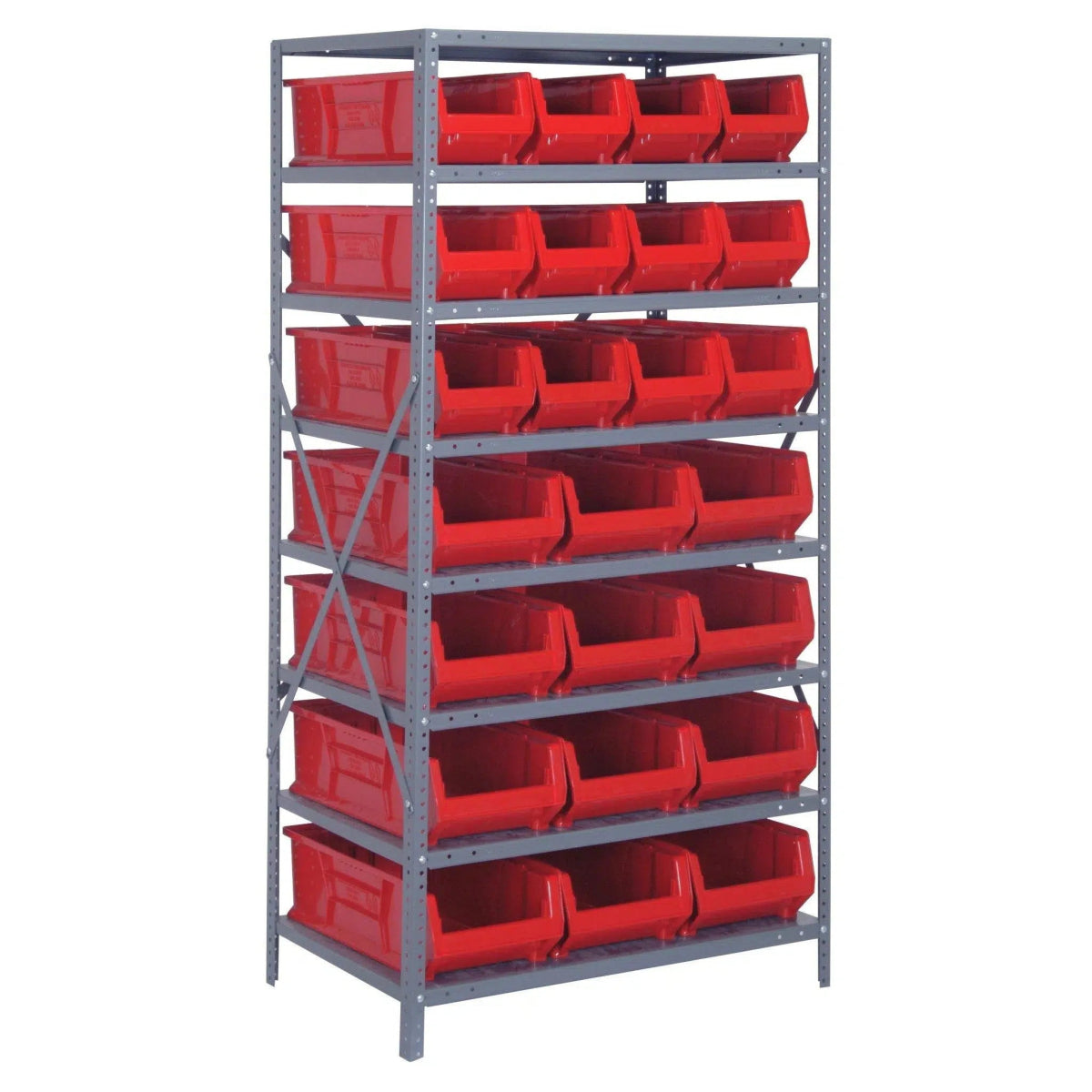 2475 - 950952 | 24" x 36" x 75" Shelving Unit with 24 Bins - Steel Shelving with Bins > 24" Deep Steel Shelving Units with Bins > Open Front Plastic Bins - Industrial 4 Less