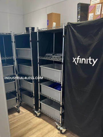 Plastic Divider Boxes on Mobile Wire Shelving