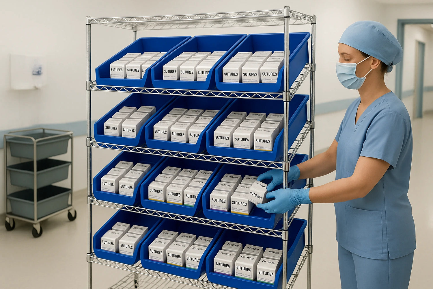Slanted Wire Shelving with Bins