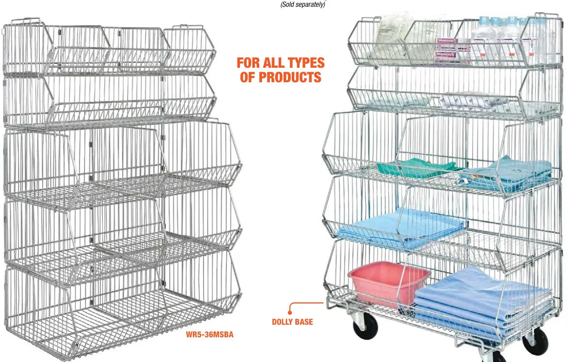 Chrome wire basket shelving unit with optional dolly base, ideal for organizing medical, retail, or industrial supplies