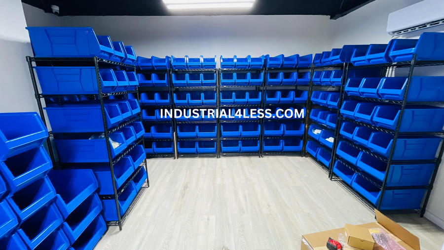 Stackable bins used for bulk backstock.