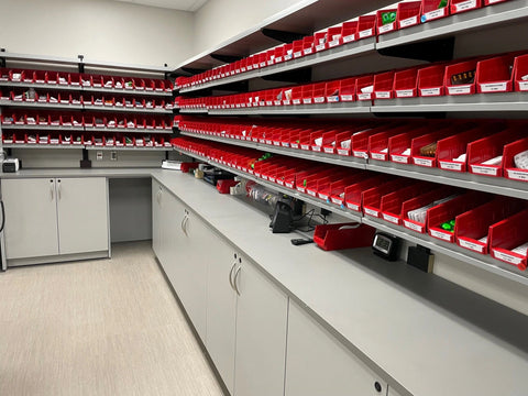 Shelf Bins in Bulk in Lab Setting, Clear Labeled