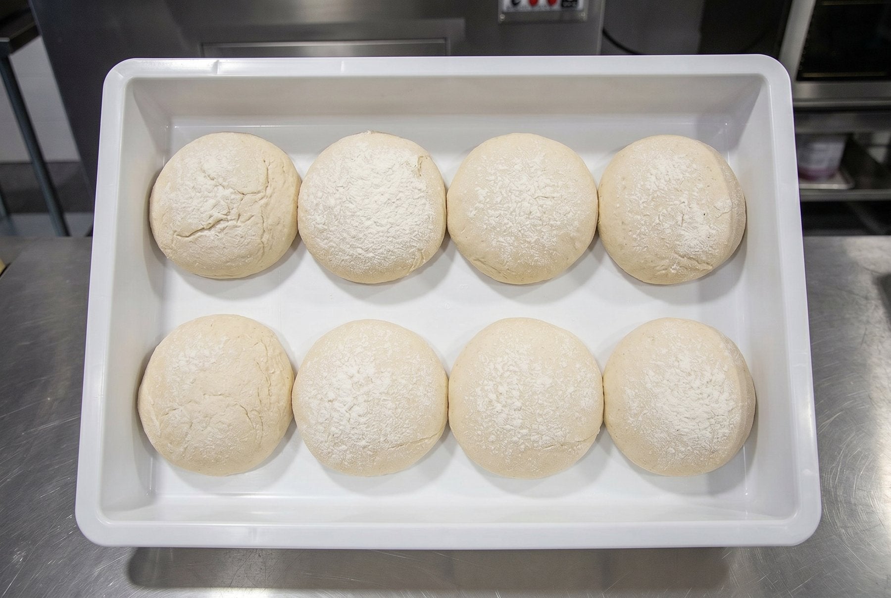 Rows of pizza dough balls proofing in a white dough box
