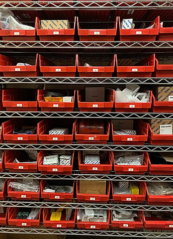Wire Shelves with Red Plastic Shelf Bins