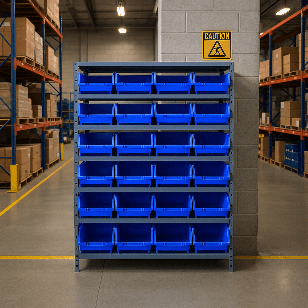 Warehouse Bin Shelving – Heavy - Duty Steel Storage Rack with Plastic Parts Bins - Industrial 4 Less