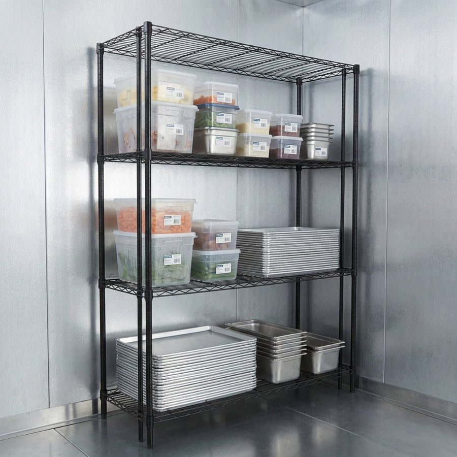 Black epoxy wire shelving in a walk-in cooler with food containers