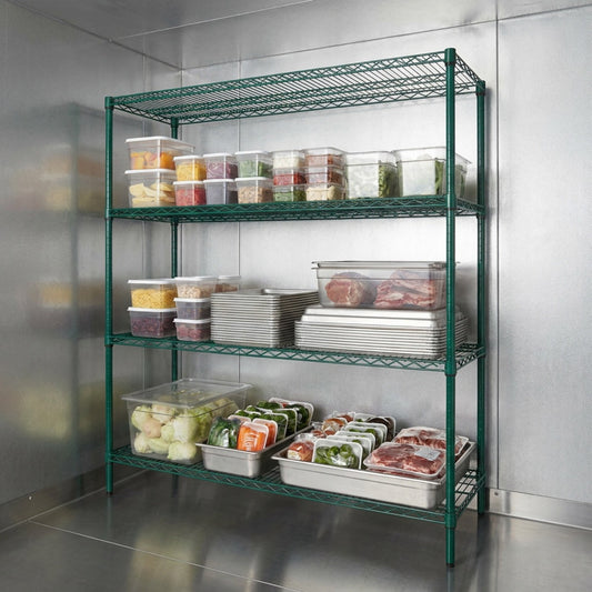 Gray, green and black epoxy wire shelving units side by side 4