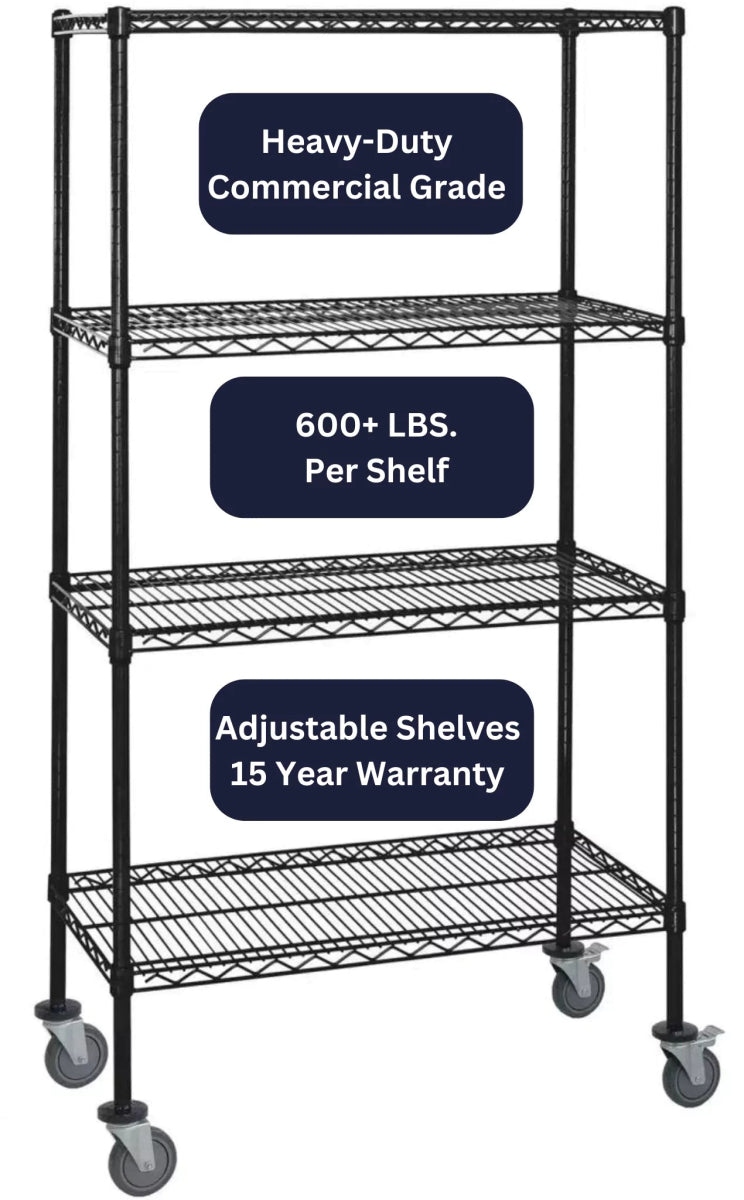 12" x 36" Black Shelving on Wheels - Mobile Wire Shelving > Black Wire Shelving on Wheels - Industrial 4 Less