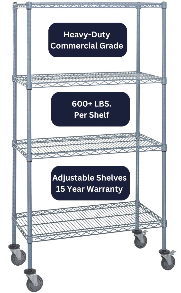 12" x 36" Gray Shelving on Wheels - Mobile Wire Shelving > Gray Wire Shelving on Wheels - Industrial 4 Less