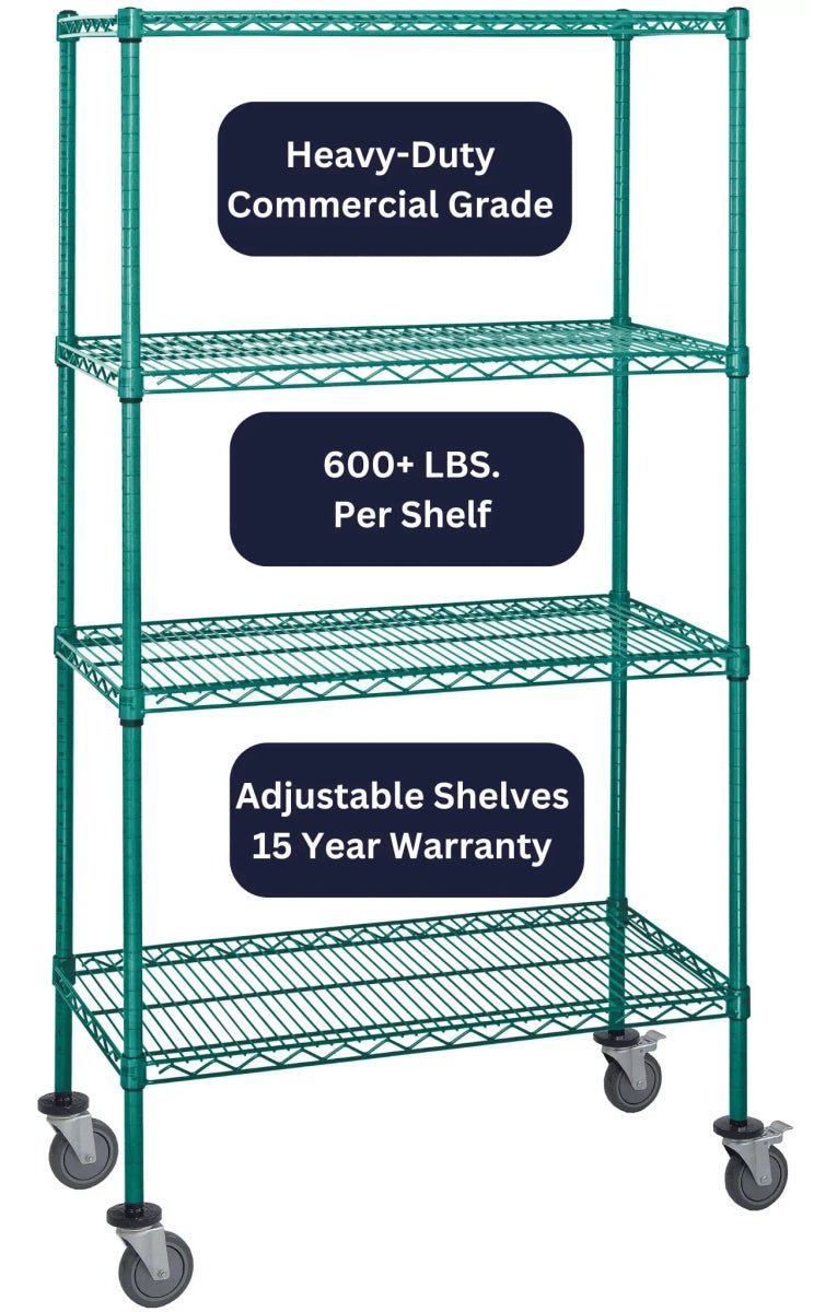 12" x 36" Green Shelving on Wheels - Mobile Wire Shelving > Green Wire Shelving on Wheels - Industrial 4 Less