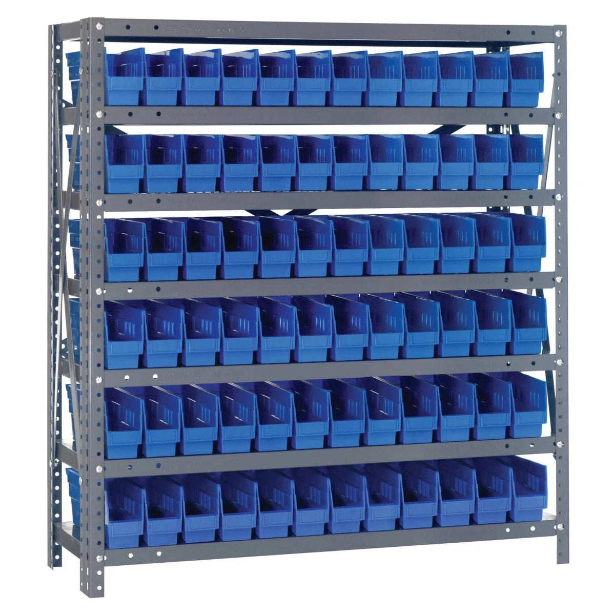 1239 - 100 | 12" x 36" x 39" Shelving Unit with 72 Bins - Steel Shelving with Bins > 12" Deep Steel Shelving Units with Bins > Open Front Plastic Shelf Bins - Industrial 4 Less